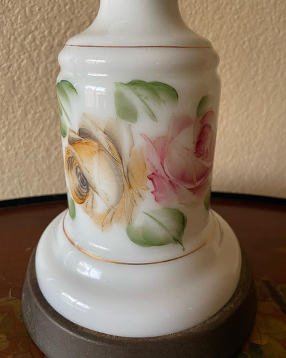 Vintage Floral Milk Glass Lamp Signed By Artist