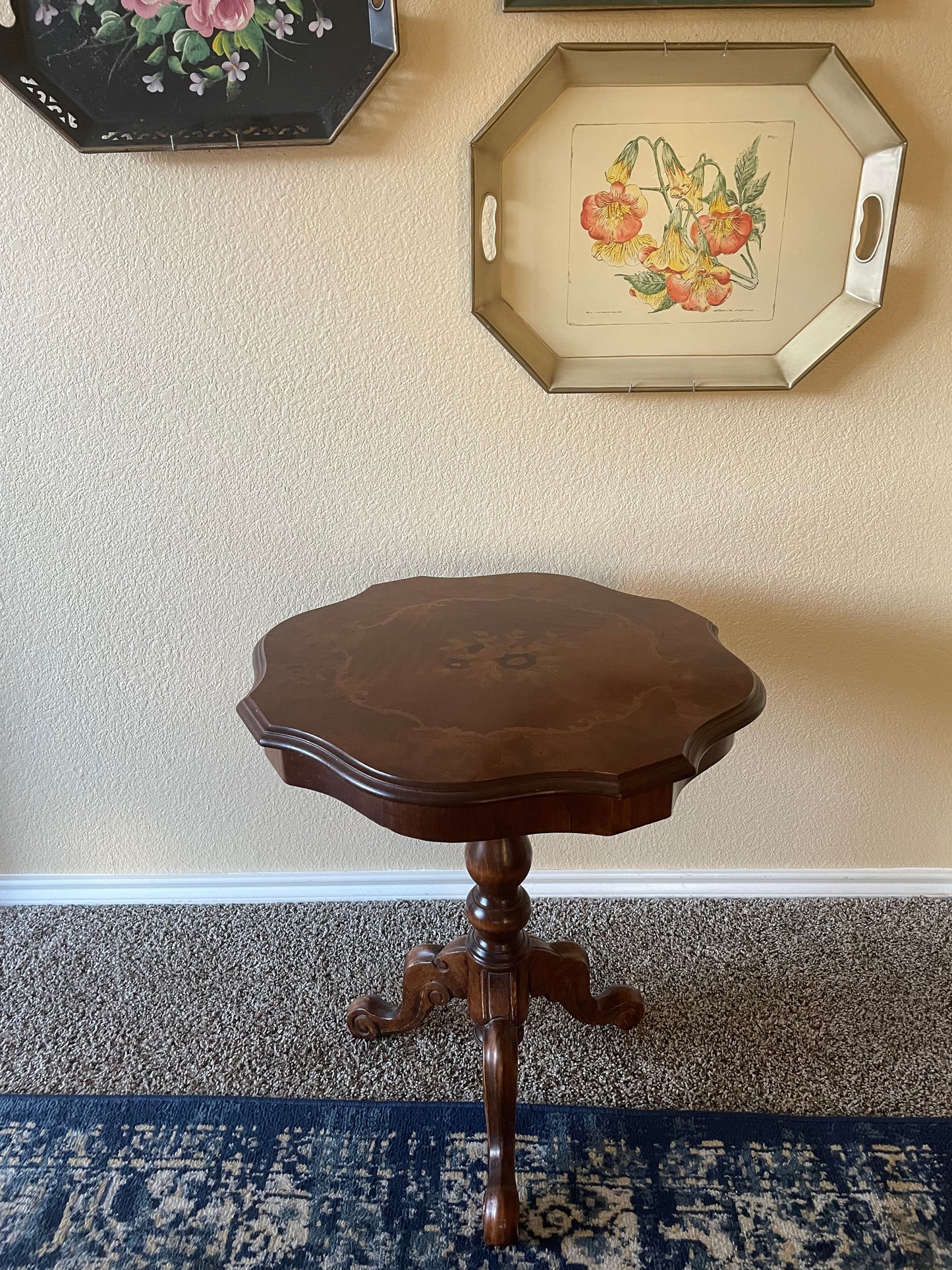 Italian Marquetry Inlaid Burr Walnut Tripod Side Table.