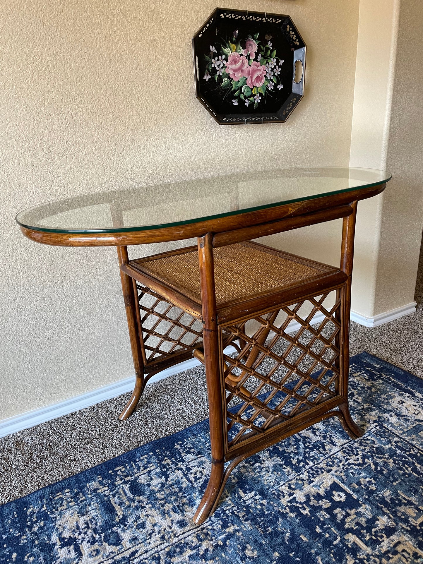 •1960s Vintage Rattan Bamboo Table•