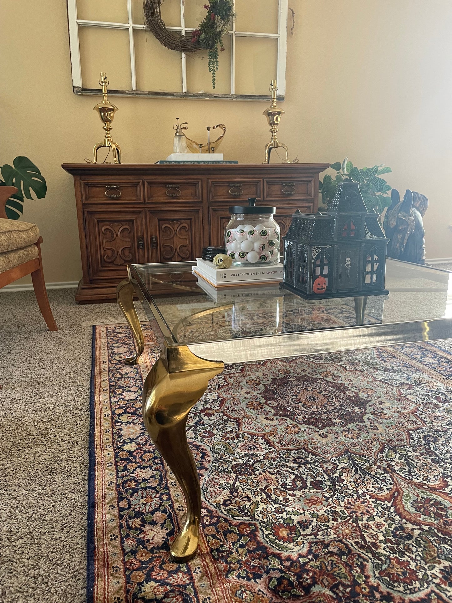 1960s Two Toned Chrome and Brass Footed Coffee Table