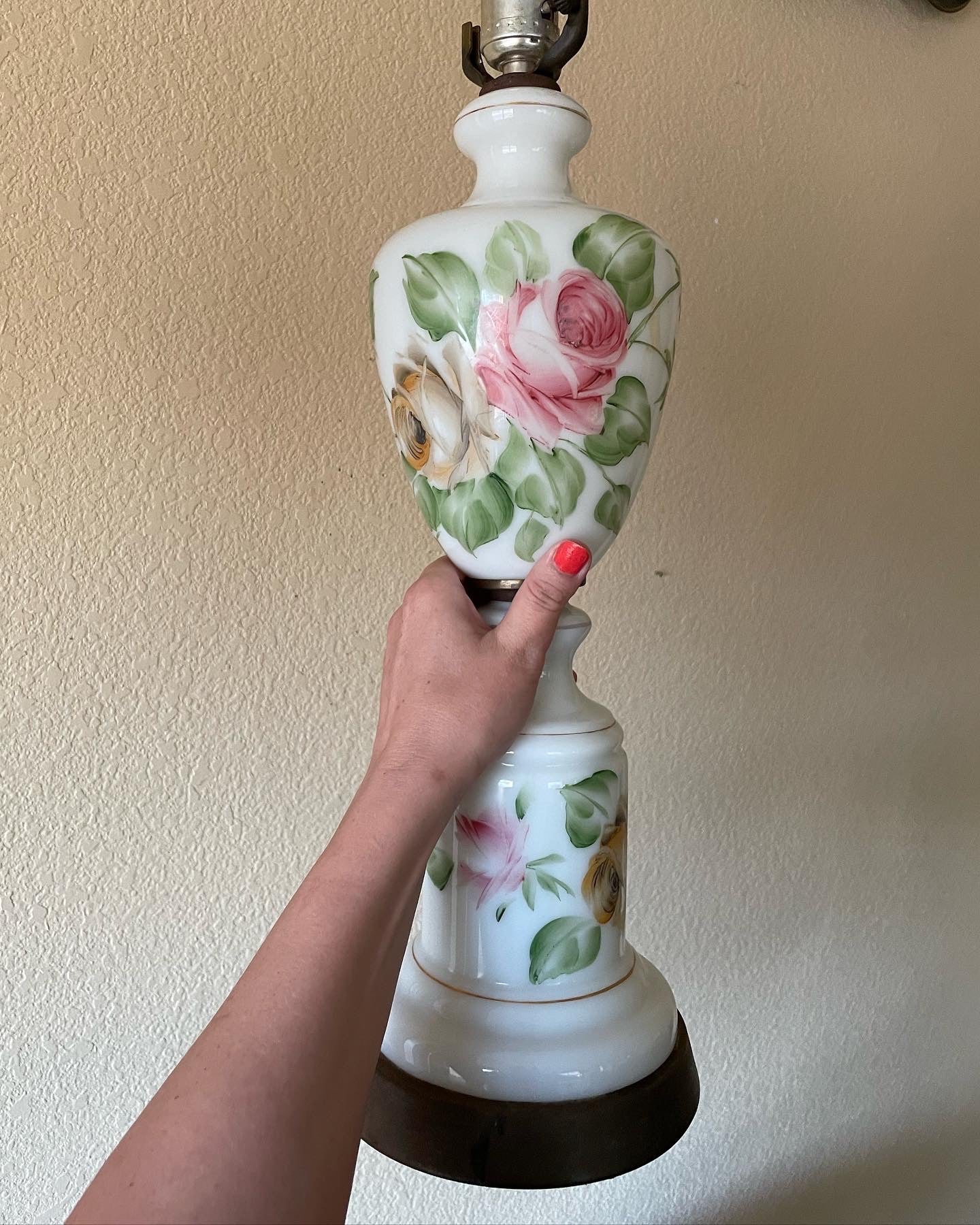 Vintage Floral Milk Glass Lamp Signed By Artist