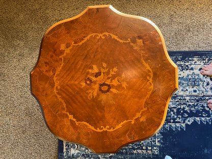 Italian Marquetry Inlaid Burr Walnut Tripod Side Table.