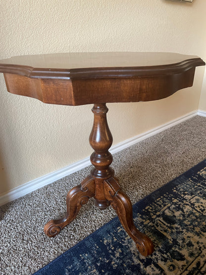 Italian Marquetry Inlaid Burr Walnut Tripod Side Table.