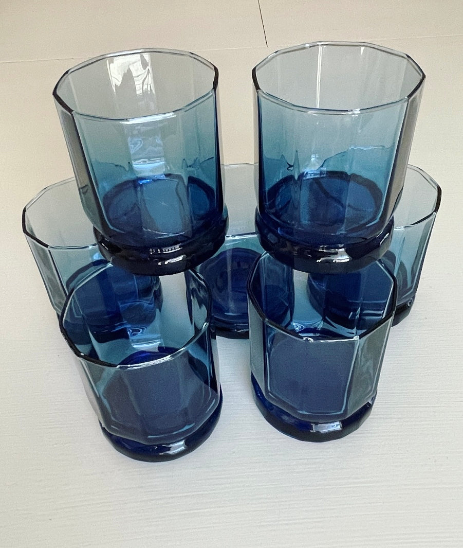 Vintage Cobalt Blue Lowball Tumblers Set of 7