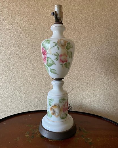 Vintage Floral Milk Glass Lamp Signed By Artist