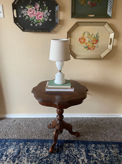 Italian Marquetry Inlaid Burr Walnut Tripod Side Table.