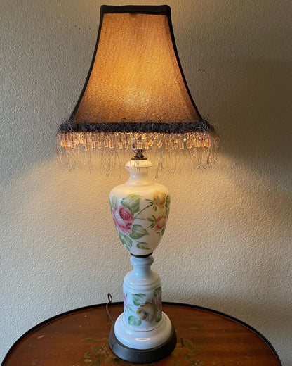 Vintage Floral Milk Glass Lamp Signed By Artist