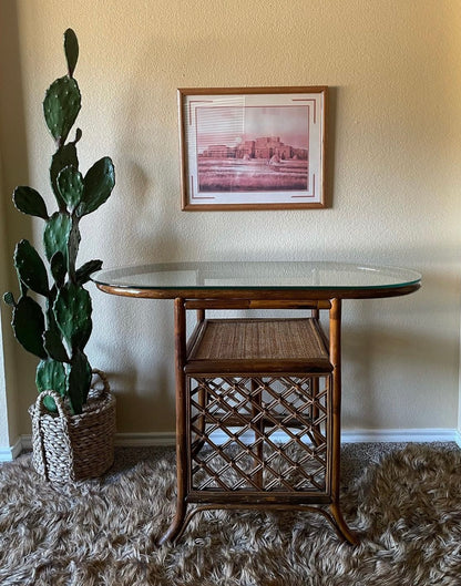 •1960s Vintage Rattan Bamboo Table•