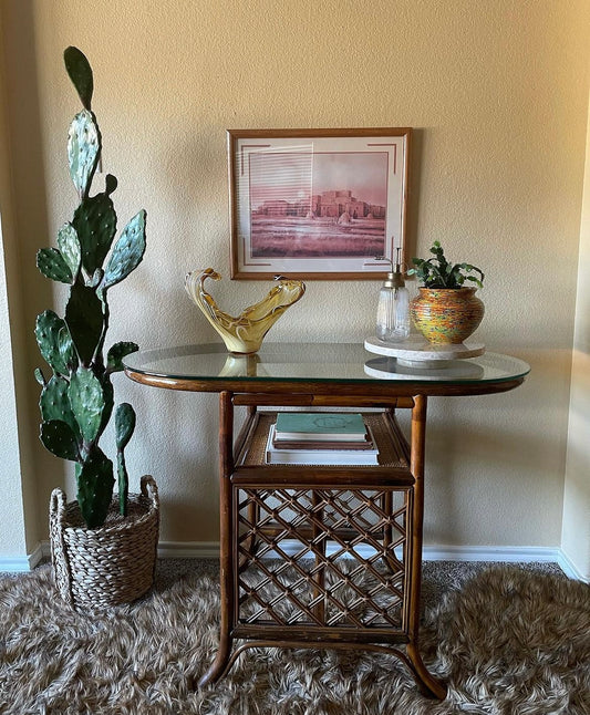 •1960s Vintage Rattan Bamboo Table•