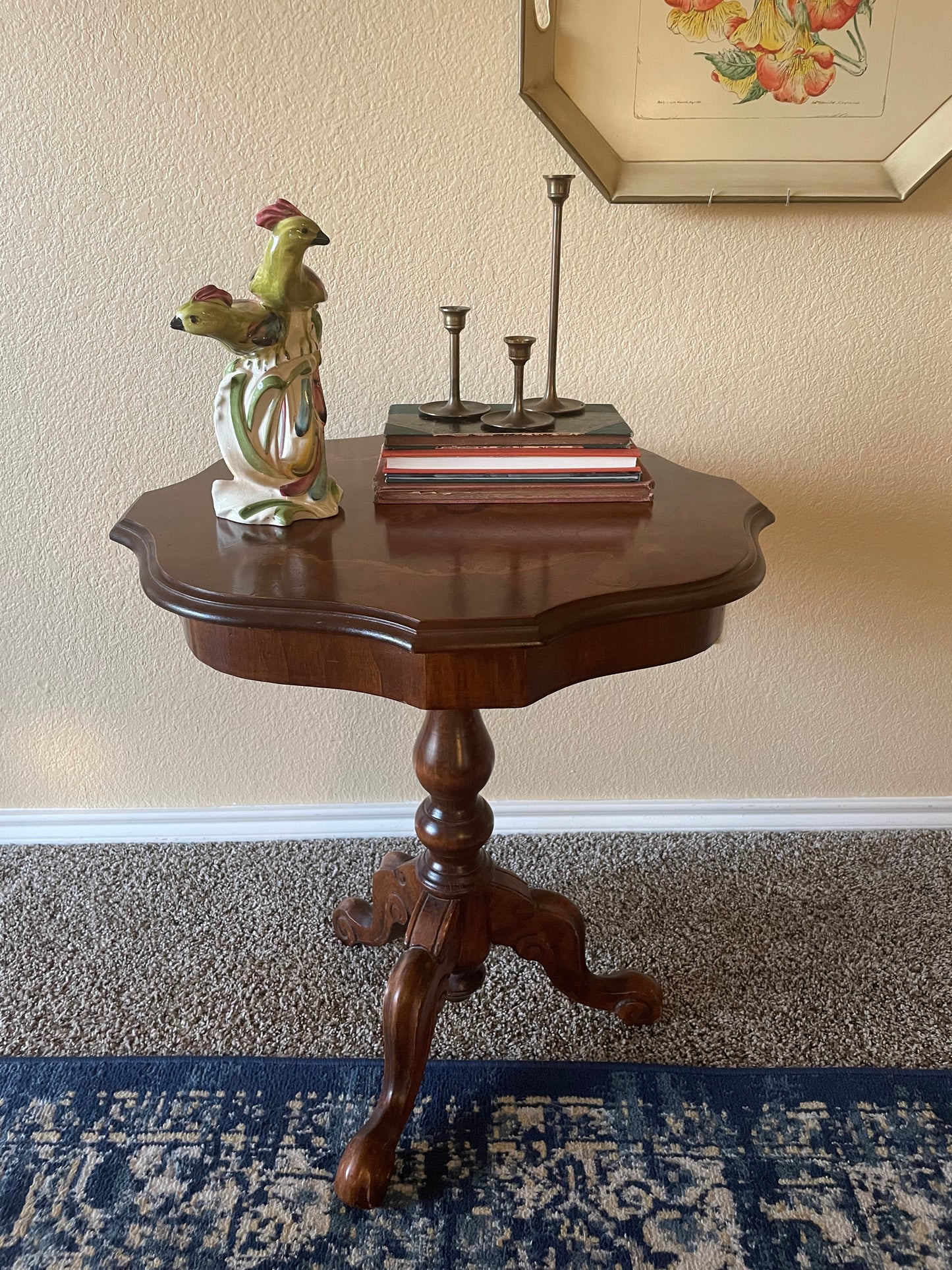 Italian Marquetry Inlaid Burr Walnut Tripod Side Table.