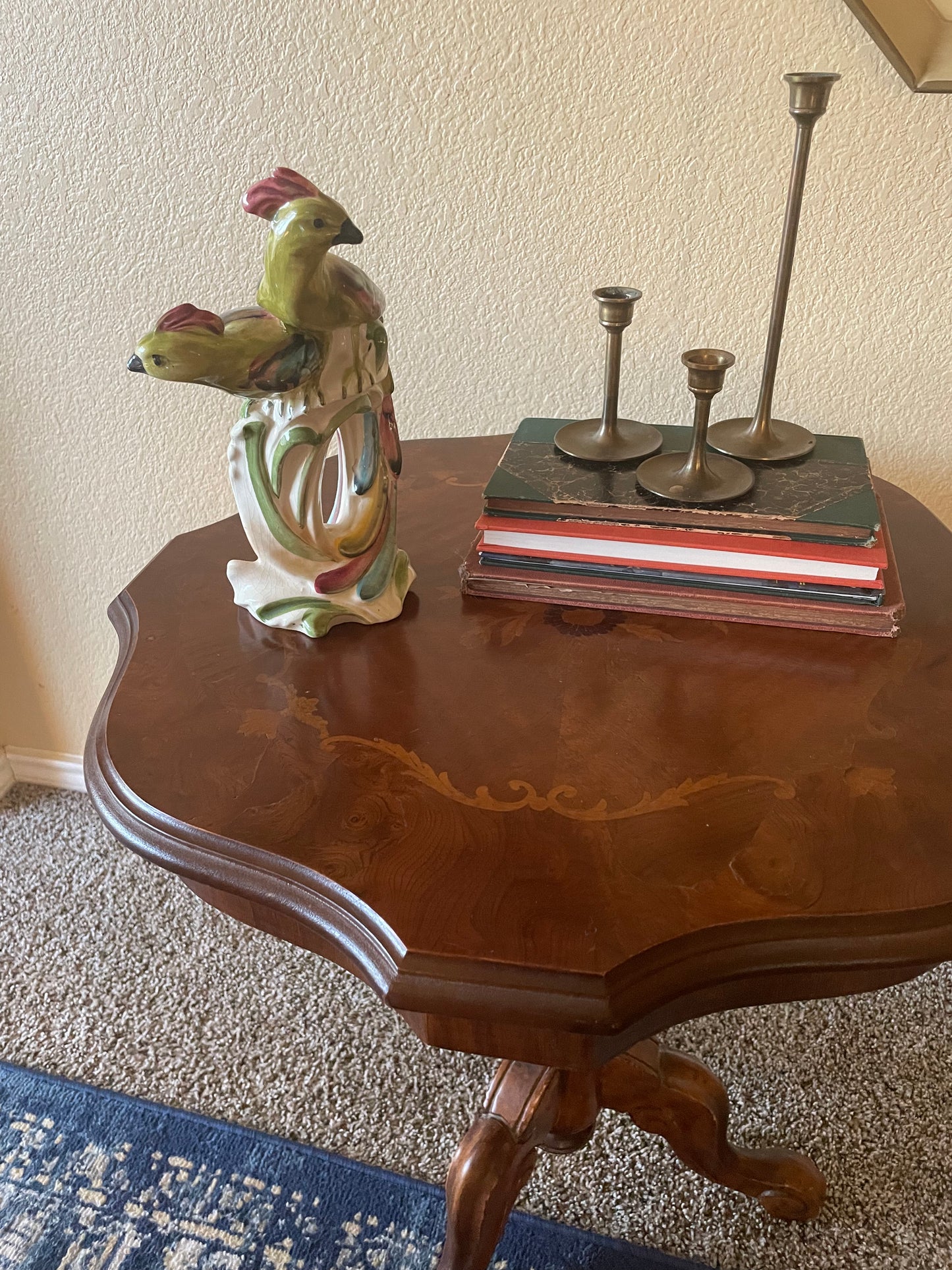 Italian Marquetry Inlaid Burr Walnut Tripod Side Table.