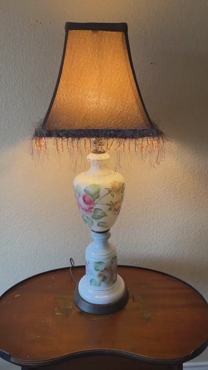 Vintage Floral Milk Glass Lamp Signed By Artist